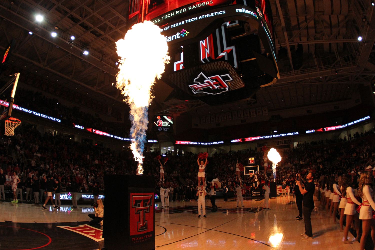 Feb 10, 2024; Lubbock, Texas, USA; A general view of team introductions before the game between the Central Florida Knights and the Texas Tech Red Raiders at United Supermarkets Arena. Mandatory Credit: Michael C. Johnson-USA TODAY Sports  